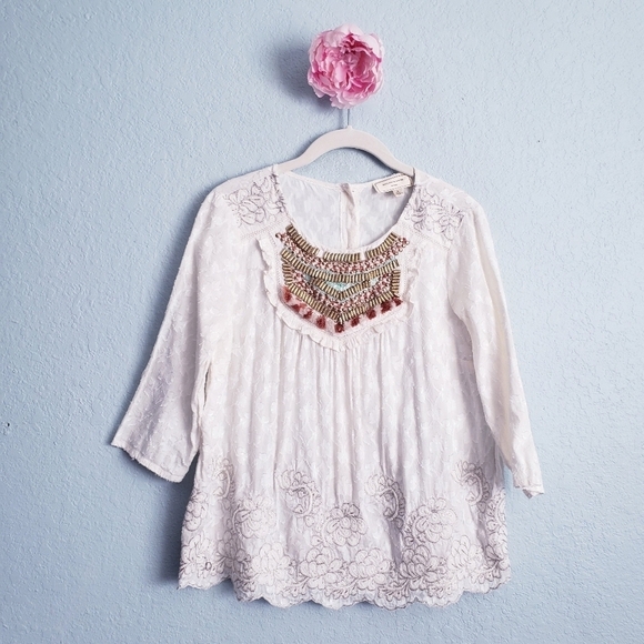 Anthropologie Moulinette Soeurs Floral Embroidered Textured Embellished Blouse - Picture 1 of 10